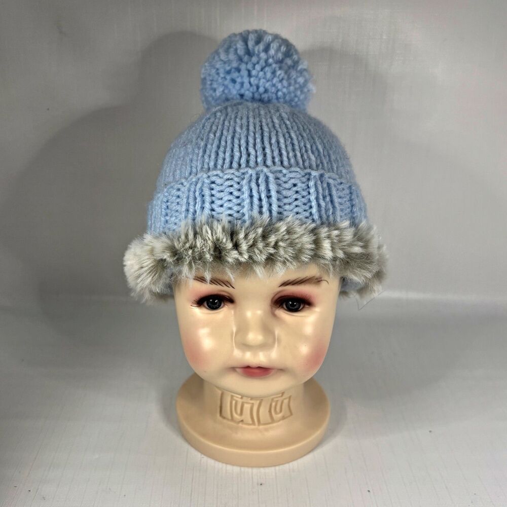 Handmade Knit Baby Hat Infant Newborn Sz 0 to 3 Months Blue Faux Fur Trim Beanie